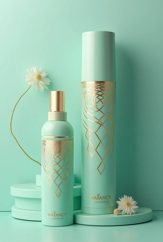 create a visual identity for a makeup brand, chamada walancy, in the colors aqua green and gold