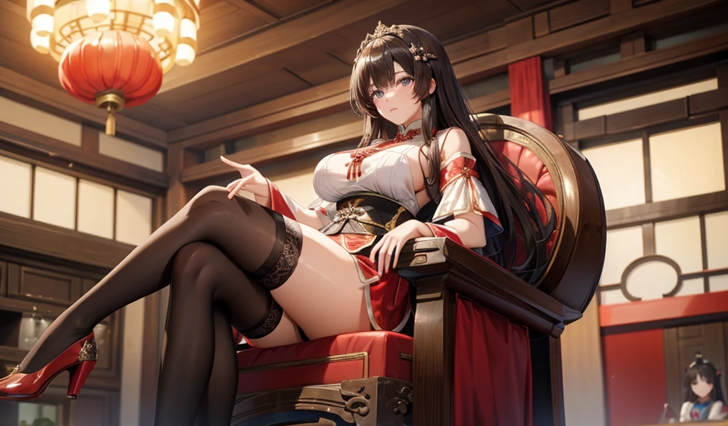 Brunette beauty with huge breasts，Hairpin，Chinese imperial concubine clothing，thigh，black stockings，Chair，Chinese Palace, 