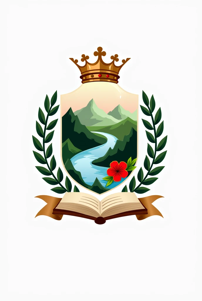 Create a school logo that has a crown on top and laurel leaves on the sides and in the middle a scroll with mountains and a river, a red flower and a notebook on one side