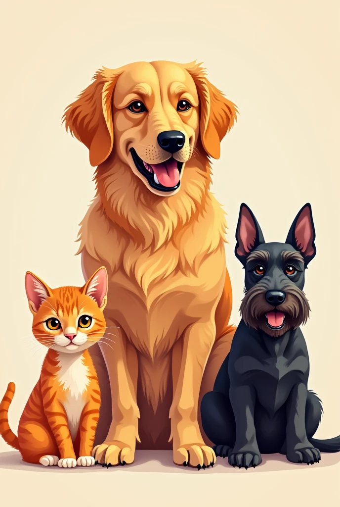 Illustration of a golden retriever, an orange cat, a small Pinscher dog and a small black schnauzer