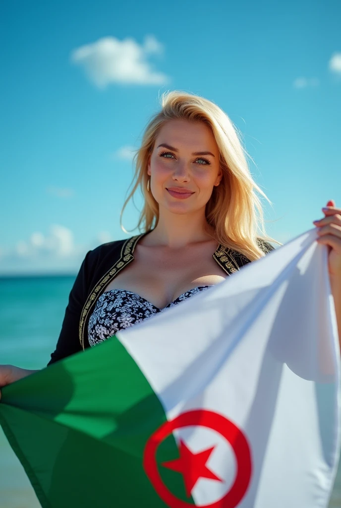 Close up, blonde, plump woman, wearing a black, white, blue dress, with gold trim on her jacket, holding the white and green Algerian flag, looking directly at the camera, she is standing on the blue seashore