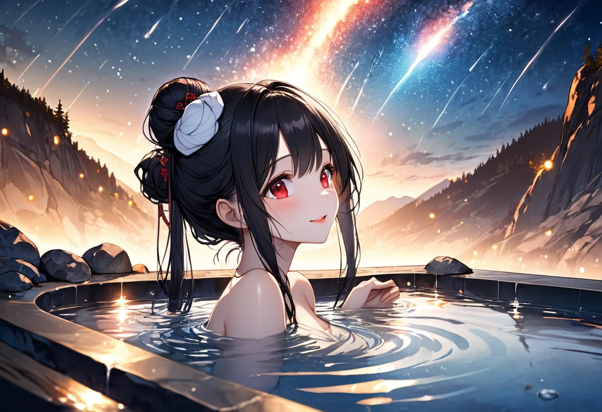 (Relax in natural hot springs style), (profile, solo:2, 18 yo), (looking up to sky), (beautiful detailed Bun Hair) (beautiful detailed black hair long hair), (immensely beautiful cool girl) (beautiful cool red eyes) (cute happy smile) (glossy lip), break, in the night open Vast bath of rock, background night Mountain Hot Springs and beautiful night sky of Meteor shower, BREAK, perfect anatomy, masterpiece, best quality, 16k, beautiful detailed night, daydreaming expression.