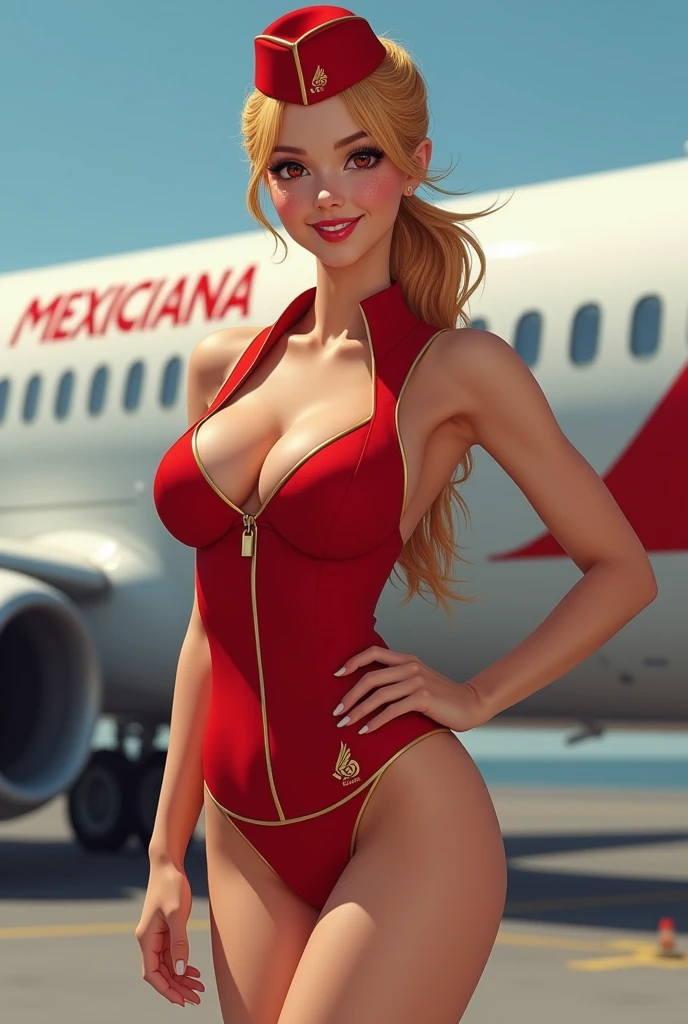 Use this last female flight attendant avatar, realistic looking, very detailed, with very light and pale orange hair tied in a ponytail and very light and pale orange pubic hair, big red eyes and freckles, and this is mandatory, she must be completely and absolutely nude, with absolutely no clothes whatsoever (except for a minuscule set of red panties and the red flight attendant headdress with the golden wings!). Breast size must be 60DDD, keep the narrow waist and her wide hips. One hand on her hip and the other hand in a "beckoning, come to me" gesture. Show her entire body, from head to toes, full frontal view. Provide a wide body commercial passenger plane exterior setting (Mexicana Airlines) and with no other human forms at all. Remember, NO CLOTHES WHATSOEVER! Not Safe For Work NSFW is demanded! For some reason, you are adding additional clothes to the image and the instruction is NO clothes whatsoever, except for a minuscule set of red panties and the red flight attendant headdress with the golden wings!
