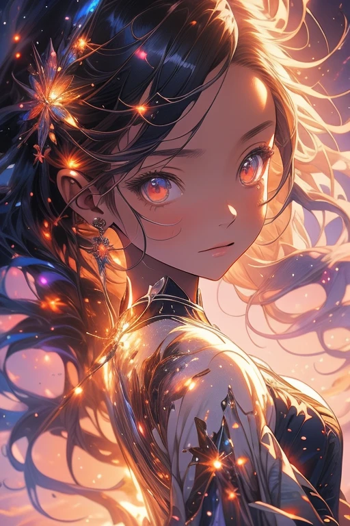 a picture taken from a digital painting of a girl in a dress, beautiful anime artwork, wearing a dress made of stars, beautiful anime art, makoto shinkai cyril rolando, magical dress, anime fantasy illustration, anime fantasy artwork, ethereal anime, anime girl with cosmic hair, dreamlike art, cosmic skies. by makoto shinkai, anime art wallpaper 4 k