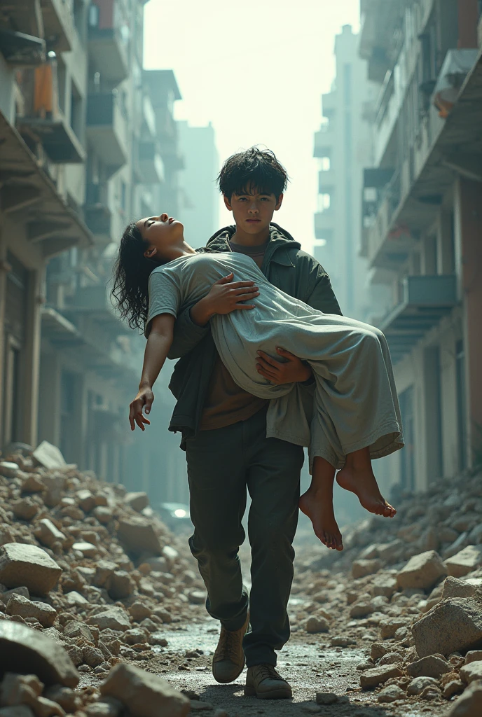 generates a city devastated by an earthquake where a 20-year-old boy is seen carrying the covered body of a girl in his arms