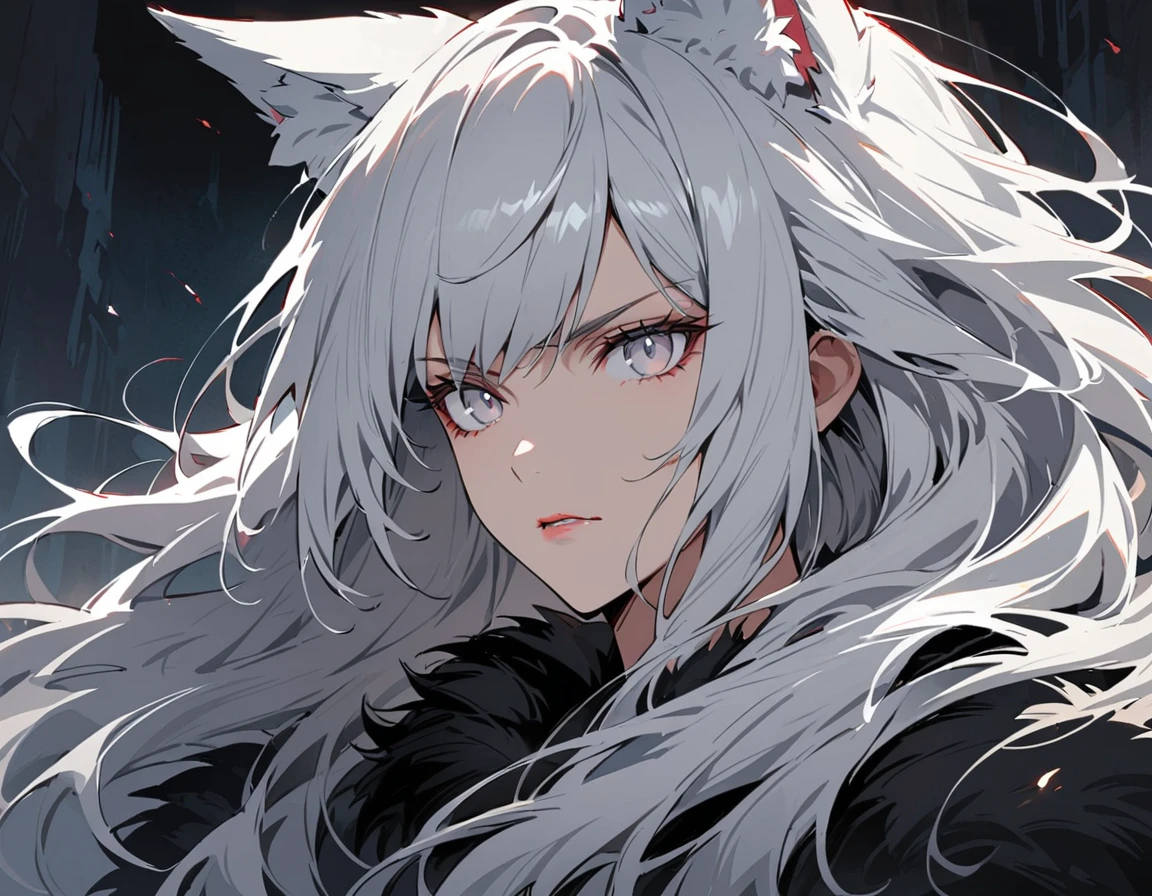 Long white hair, grey eyes, evil, sexy, black and red clothes, evil face, evil, serious look, gloss lips, sinister, front look, bloody, gloves, close up, portrait, beautiful eyes, big white, dark place, night, sensual, straight hair cut, clear skin, evil, young 30 years girl, adult girl, solo, red, very long hair, ankle length hair, handsome older WOMAN,grey-eyes,grey pupils,Long white hair,Hyperresolution,accuracy,Detailed rendering,(Image of fine hair)(topquality)(Masterpieces of masters)(High degree of completeness)(A sense of atmosphere)tmasterpiece,Super detailed and super detailed(((half-body portrait)))(((Fluffy wolf ears))) (((Wearing a white and black fur fighting outfit)))(((Stern expression)))(((Ankle length white hair)))(((Grey eyes)))