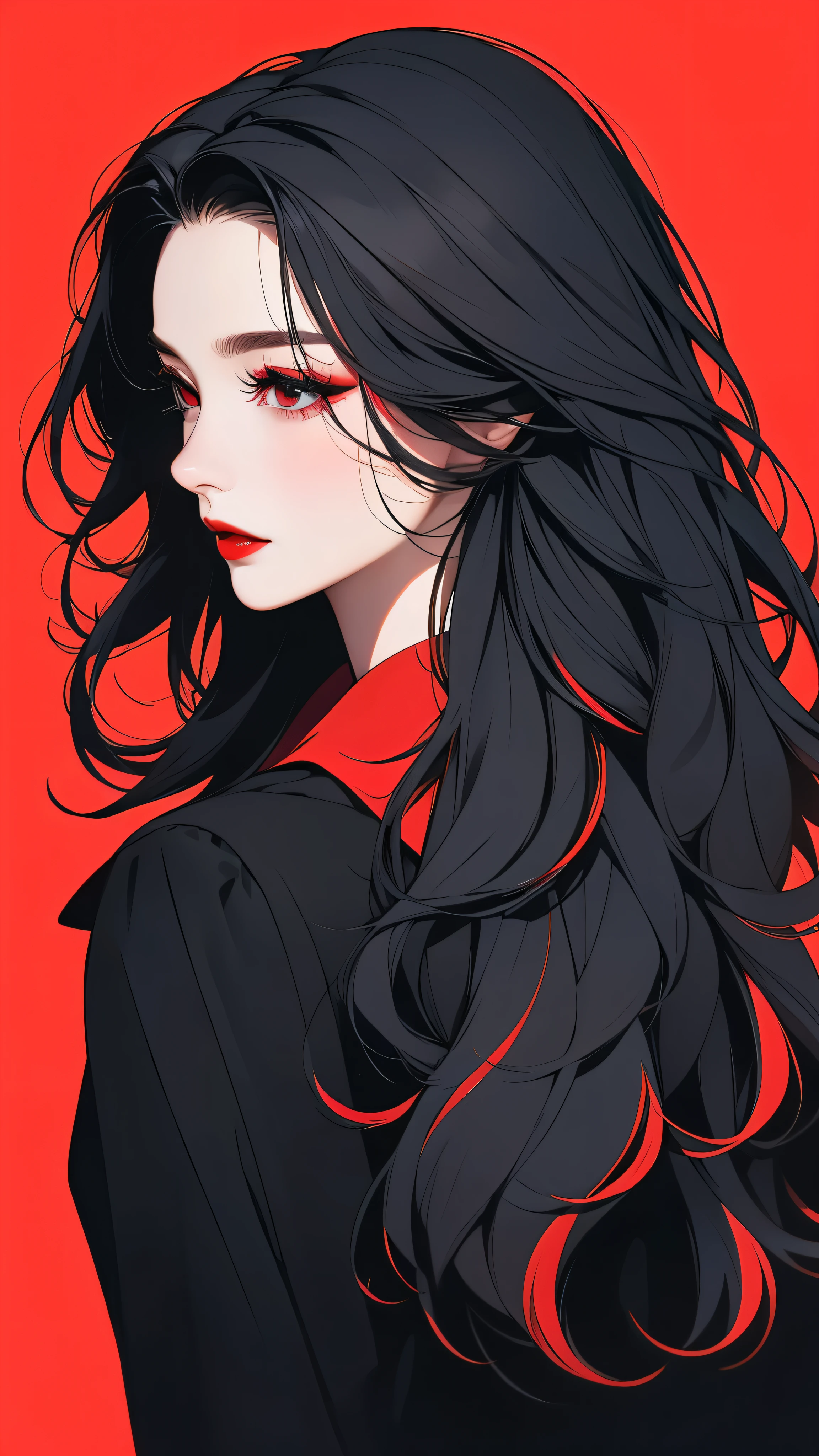 colored hair, black coat with red lining and red collar, looking at camera, 1girl, solo, profile, red lips, black background, black hair, long hair, lips, makeup, from side, lipstick