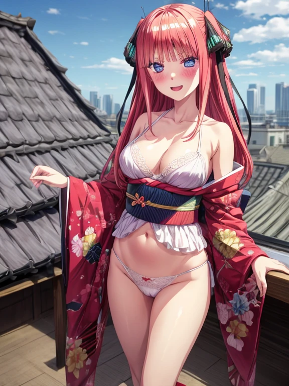 best quality, insanely detailed, nino nakano, breasts, blush, looking at viewer, cheerful eyes, arousal, kimono, highleg kimono, tight kimono, pussy, roof top background, lingerie