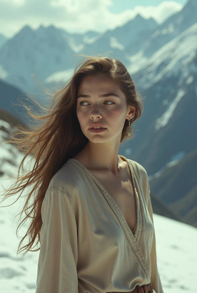 Create a girl resembling influencer and singer Havanna Winter in the style of a 1972 Uruguayan Andes accident
