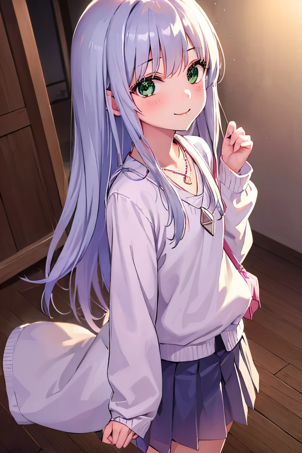 Long silver hair, green eyes, headband, necklace, small, smile, happy, sueter, hood, skirt, beautiful thighs, Inside the house, Randoseru, schoolbag, turn neck, point of view from the back