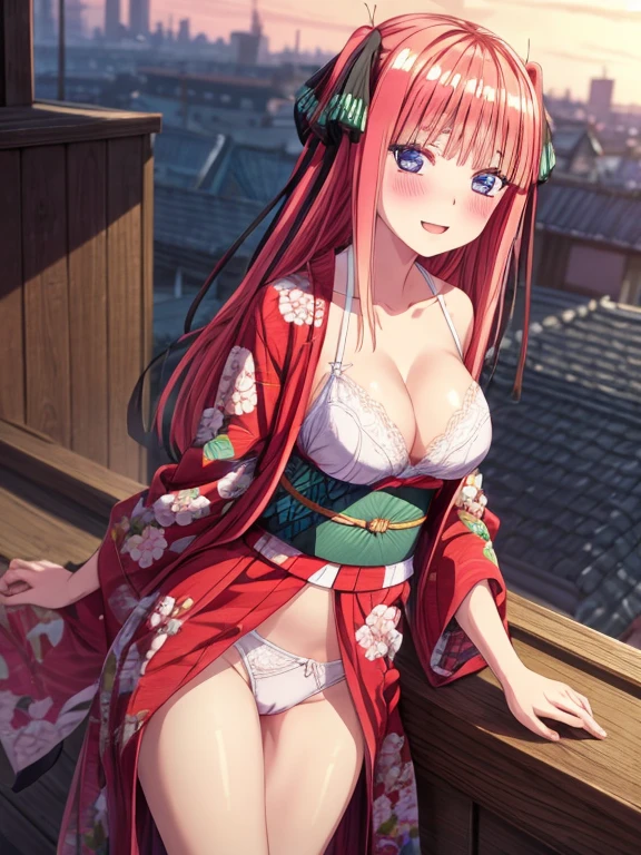 best quality, insanely detailed, nino nakano, breasts, blush, looking at viewer, cheerful eyes, arousal, kimono, highleg kimono, tight kimono, pussy, roof top background, lingerie