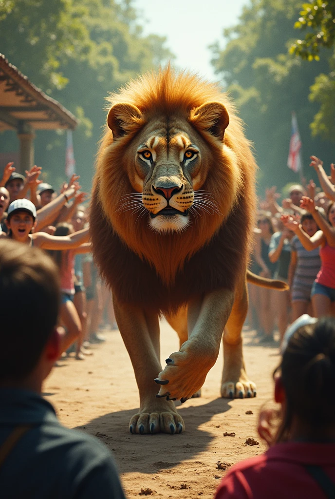 Lion in the zoo with people fighiting with lion