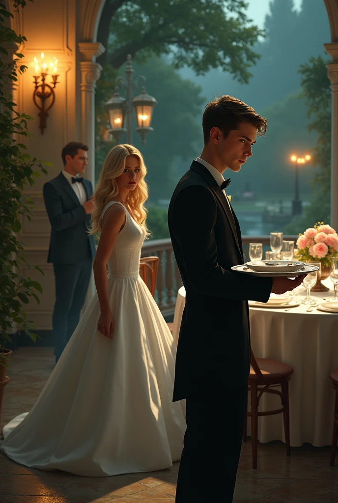 suspense book cover , A young waiter standing sideways with a tray in front of him and a gun behind him at a big wedding with a blonde-haired girl dressed in front of him positioning the gun well. A young boy coming out into a lighted garden eliminates the boy behind him.