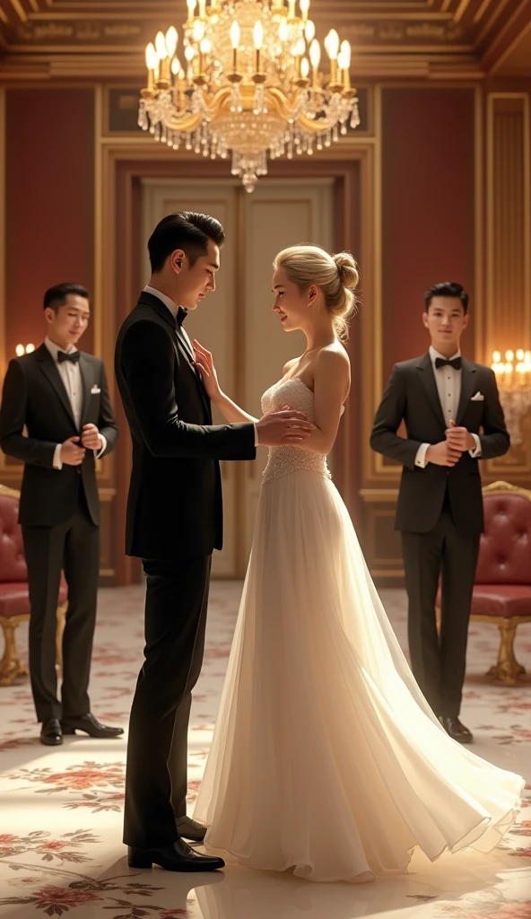 a 3 asian man in a suit and a blonde asian woman with long hair in a white dress dancing in a luxurious mansion