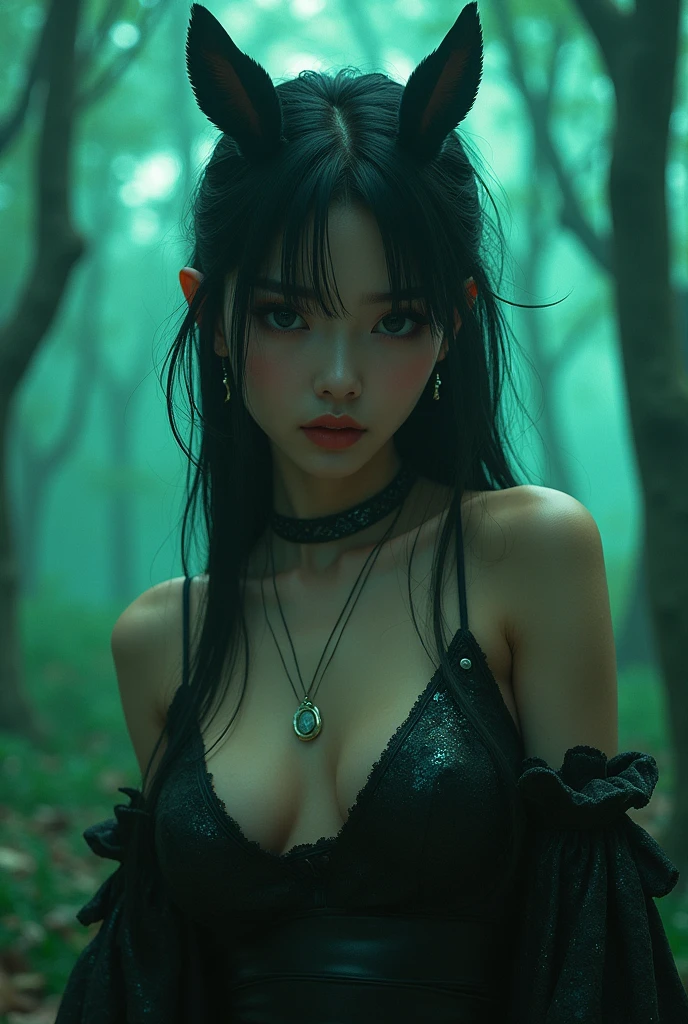 (masterpiece,best quality:1.4),(8k,raw photo,photo realistic:1.2),shiny skin,detailed skin,detailed face,detailed eyes,Detailed hands,Detailed Background、1girl,Japanese idol,(beautiful face),(Shining Eyes:1.1),、Ultimate Idol、Symmetrical eyes、、Great background、Great location、((Japanese,Sexy hunter costume))、(Detailed and very cute,),Full body portrait,Mysterious glowing forest,Elf,A figure of a man aiming at his prey with a bow,nswf,sexy Instagram style