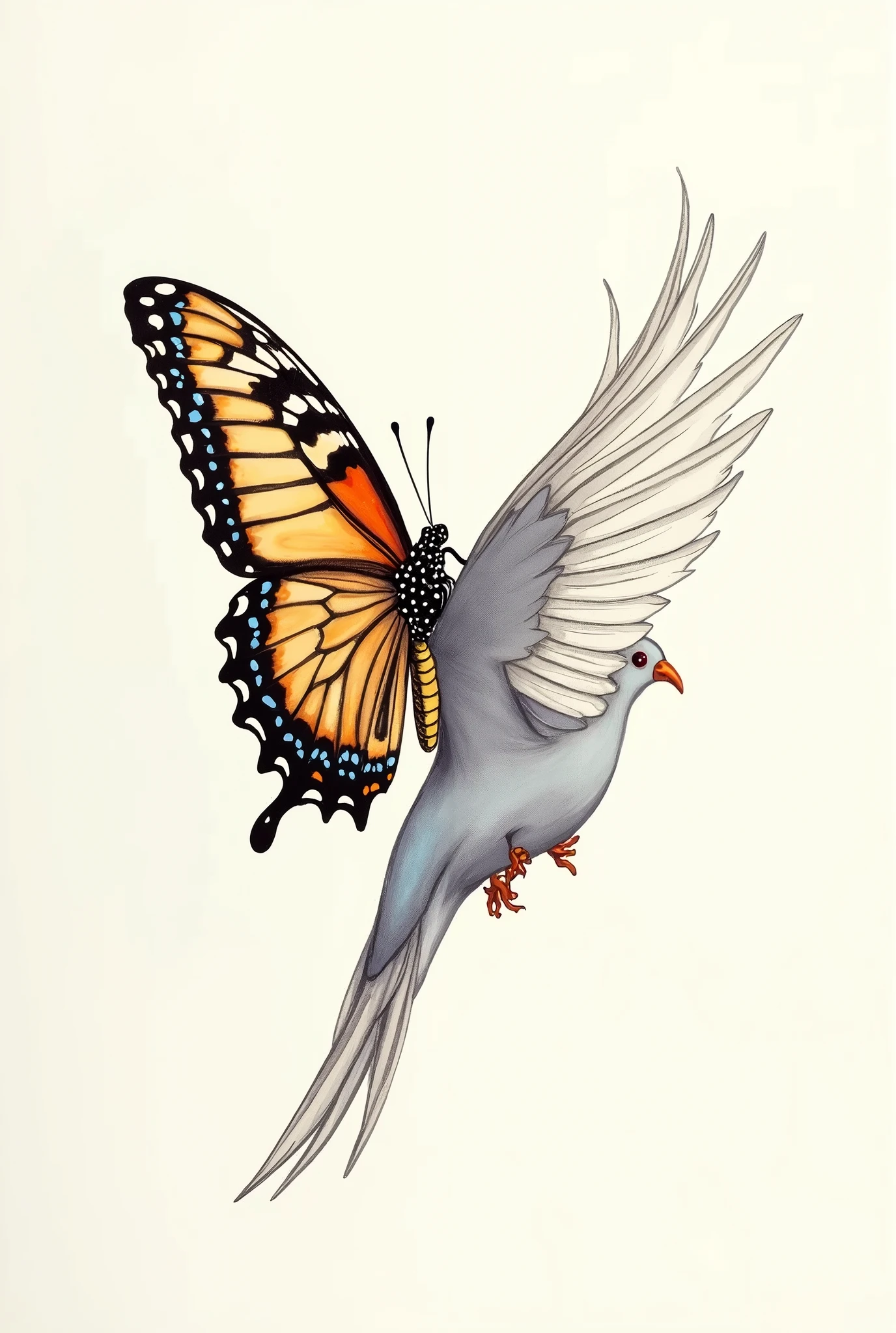 Image on the right side a butterfly wing and on the right side a dove wing in drawing style