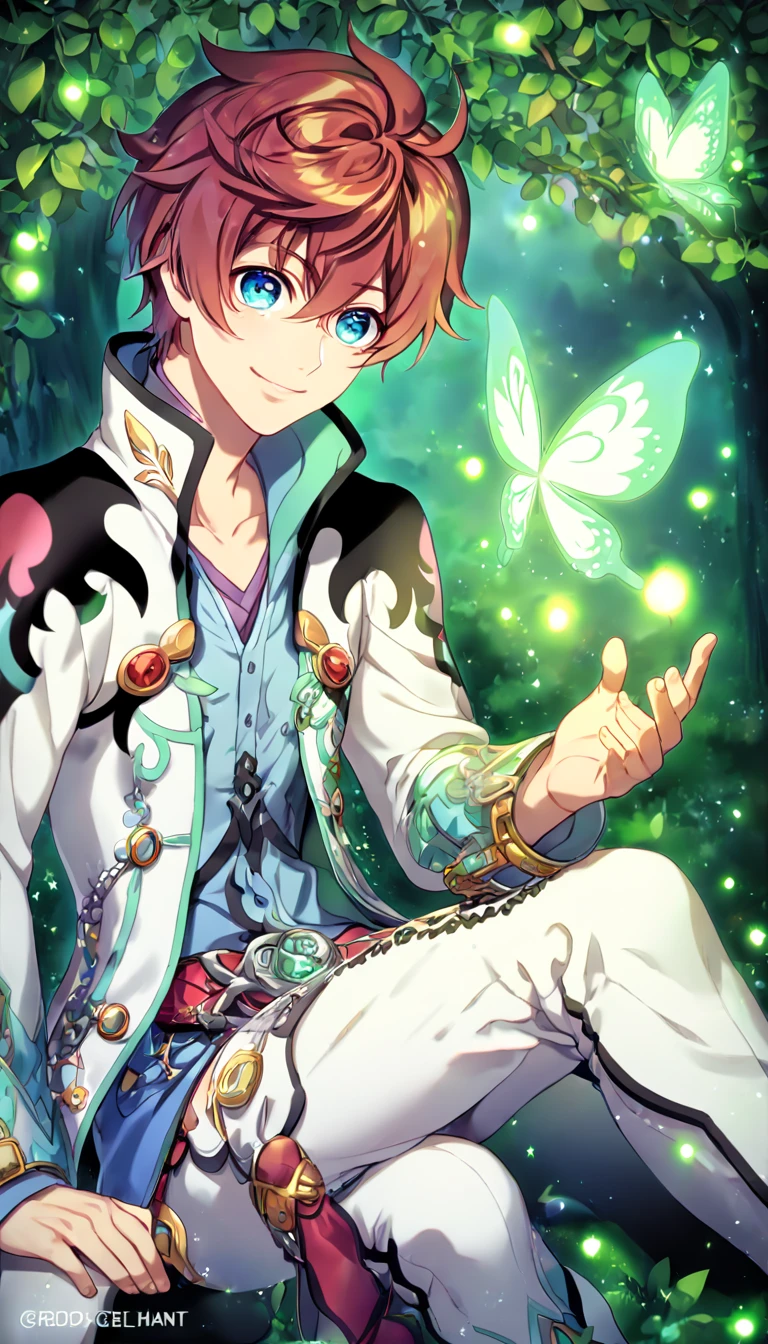 absurdres, highres, ultra detailed, HDR, master piece, best quality, extremely detailed, detailed eyes, Asbel Lhant, reddish-brown hair, expressive blue eyes, Tales Of Graces, solo, sexy man sitting, sensual, handsome, adult face, smile, manly man, white coat, light-blue shirt, white pants, under a green tree, fantasy, magical, glittering fireflies, green butterflies, green flames, magic, green leaves