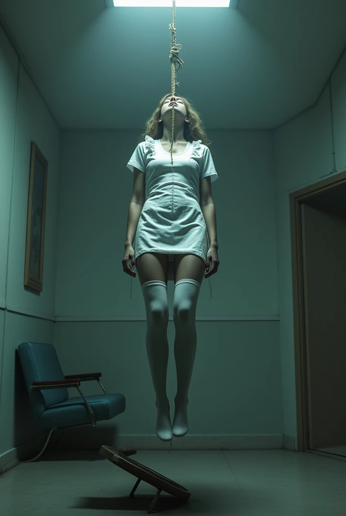 Nurse scene in white thigh high socks, hanged, thòng lọng, hovering in the air , The chair fell at the nurse's feet.