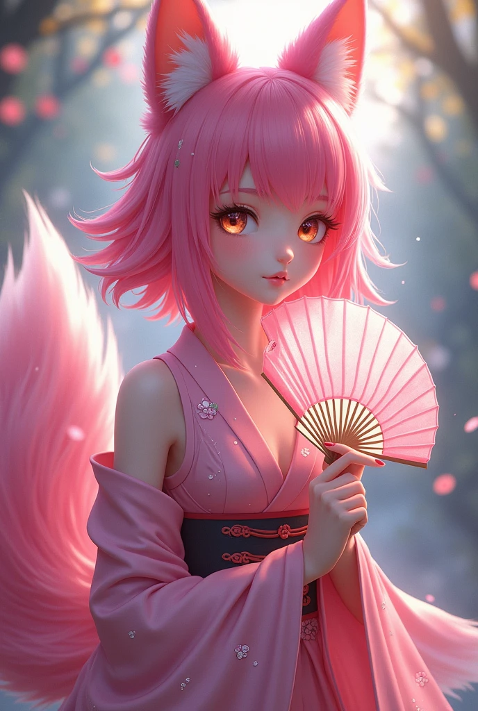 Shoulder length hair, bright pink, one-tail female Kitsune holding a pink fan