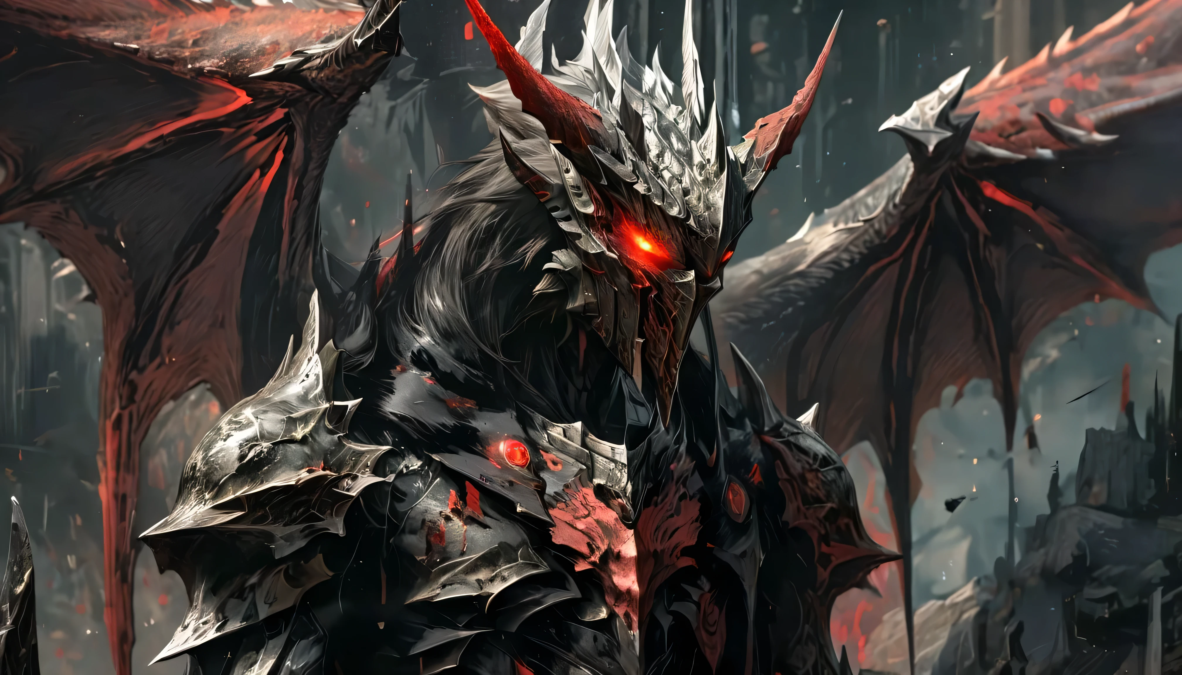 A close up of a demonic looking man with red eyes, demon armor, Dragon Knight, Demonic dragon inspired armor, Draconic-looking armor, dragon armor, red demon armor, dark armor, ornate armor covered in thorns, Ares with heavy armor and sword., shadow armor, black fire colored reflected armor, painted portrait of mordekaiser, blood knight, corrupted armor