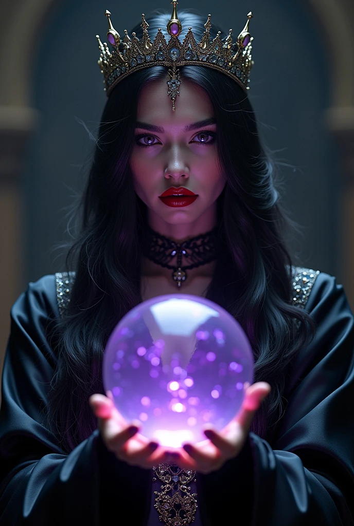 girl, Long black hair, Black Queen, accessories, Purple light shining crystal ball, Jet Black Queen, Red lipstick, High Contrast, 8k, realism, Glowing Eyes