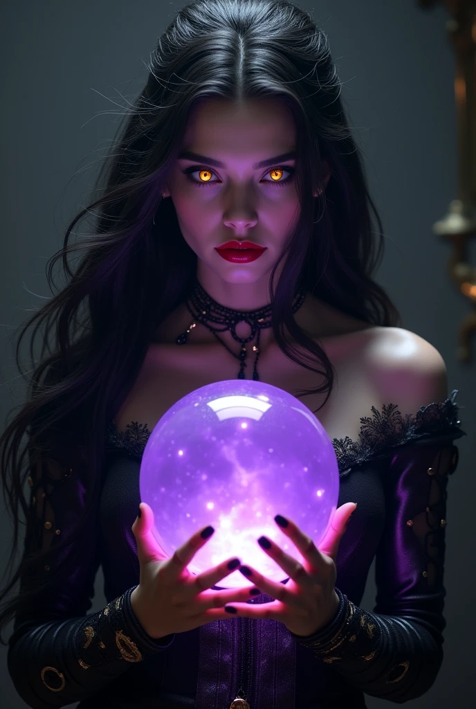 girl, Long black hair, Black Queen, accessories, Purple light shining crystal ball, Jet Black Queen, Red lipstick, High Contrast, 8k, realism, Glowing Eyes