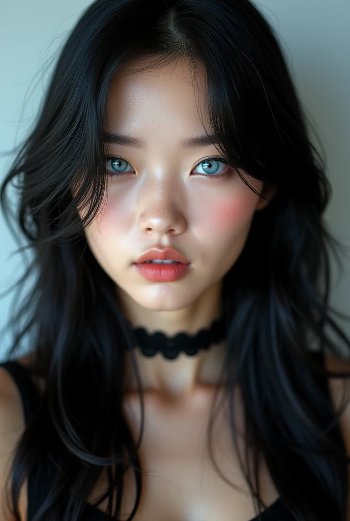 beautiful blue eyed chinese girl, long black hair, and with a rock style. Realistic photos