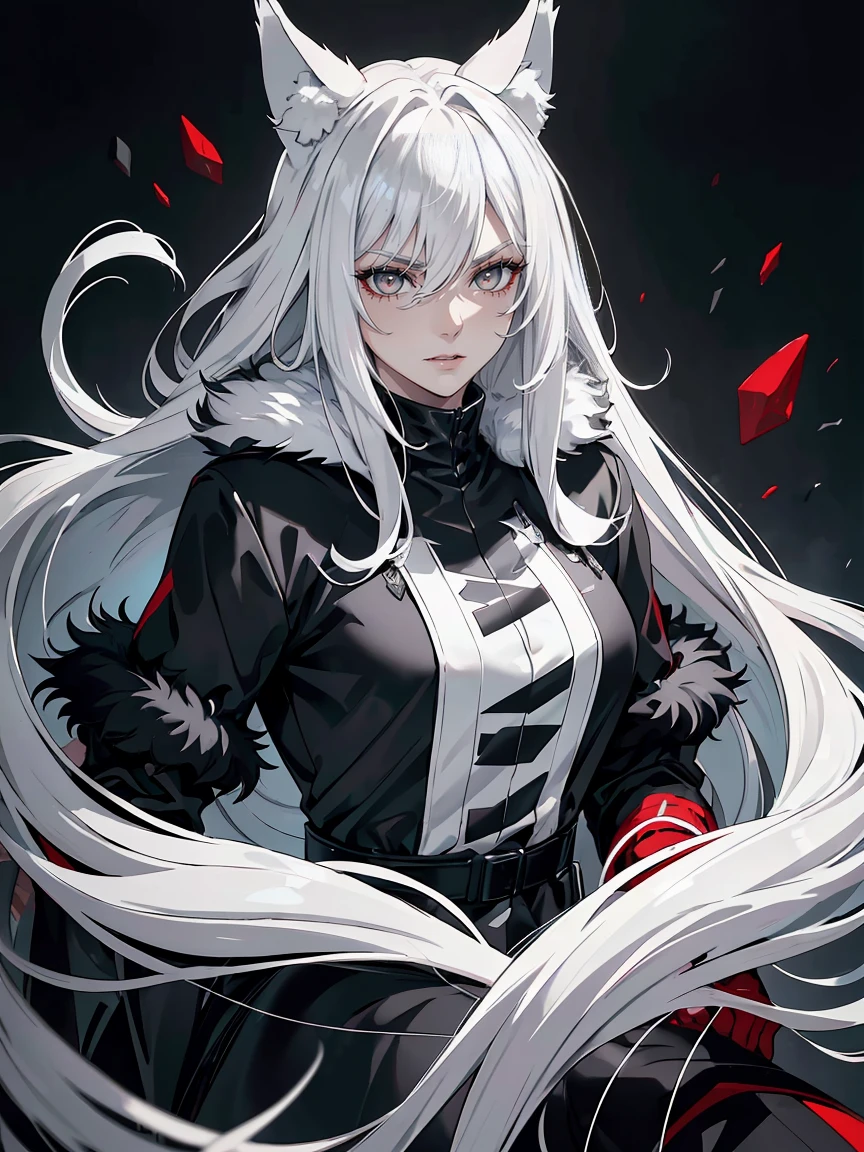 Long white hair, grey eyes, evil, sexy, black and red clothes, evil face, evil, serious look, gloss lips, sinister, front look, bloody, gloves, close up, portrait, beautiful eyes, big white, dark place, night, sensual, straight hair cut, clear skin, evil, young 30 years girl, adult girl, solo, red, very long hair, ankle length hair, handsome older WOMAN，grey-eyes，grey pupils，Long white hair，Hyperresolution，accuracy，Detailed rendering,（Image of fine hair）（topquality）（Masterpieces of masters）（High degree of completeness）（A sense of atmosphere）tmasterpiece，Super detailed and super detailed（((half-body portrait)))(((Fluffy wolf ears))) (((Wearing a white and black fur fighting outfit)))(((Stern expression)))(((Ankle length white hair)))(((Grey eyes)))