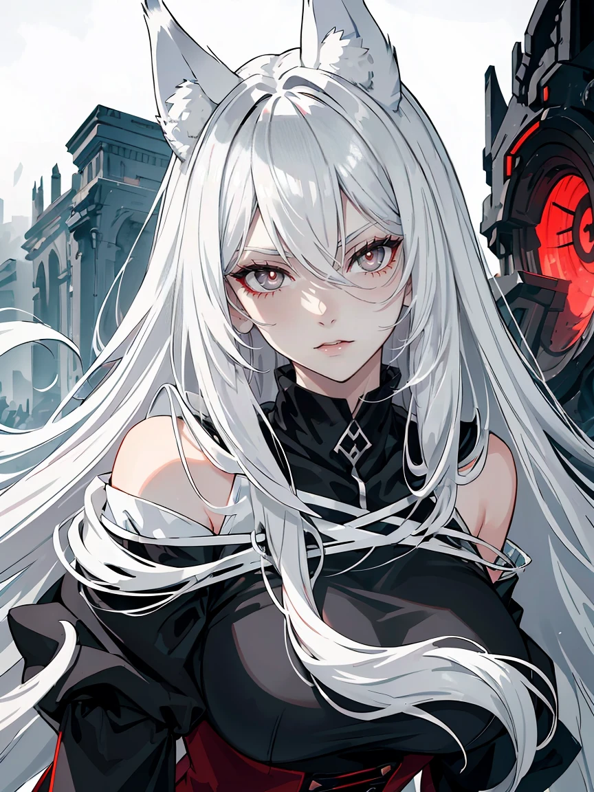 Long white hair, grey eyes, evil, sexy, black and red clothes, evil face, evil, serious look, gloss lips, sinister, front look, bloody, gloves, close up, portrait, beautiful eyes, big white, dark place, night, sensual, straight hair cut, clear skin, evil, young 30 years girl, adult girl, solo, red, very long hair, ankle length hair, handsome older WOMAN,grey-eyes,grey pupils,Long white hair,Hyperresolution,accuracy,Detailed rendering,(Image of fine hair)(topquality)(Masterpieces of masters)(High degree of completeness)(A sense of atmosphere)tmasterpiece,Super detailed and super detailed(((half-body portrait)))(((Fluffy wolf ears))) (((Wearing a white and black fur fighting outfit)))(((Stern expression)))(((Ankle length white hair)))(((Grey eyes)))