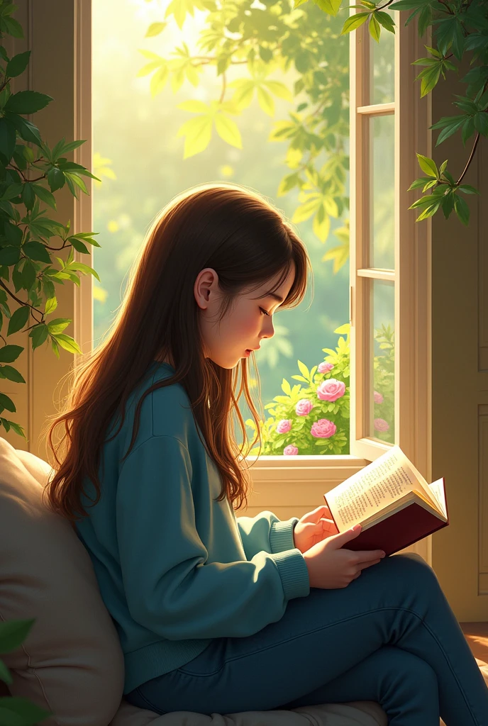 a vietnamese girl sitting by a window, reading a book. She has long brown hair and is wearing a blue sweater. Outside the window is a garden full of, with the warm light of the afternoon."