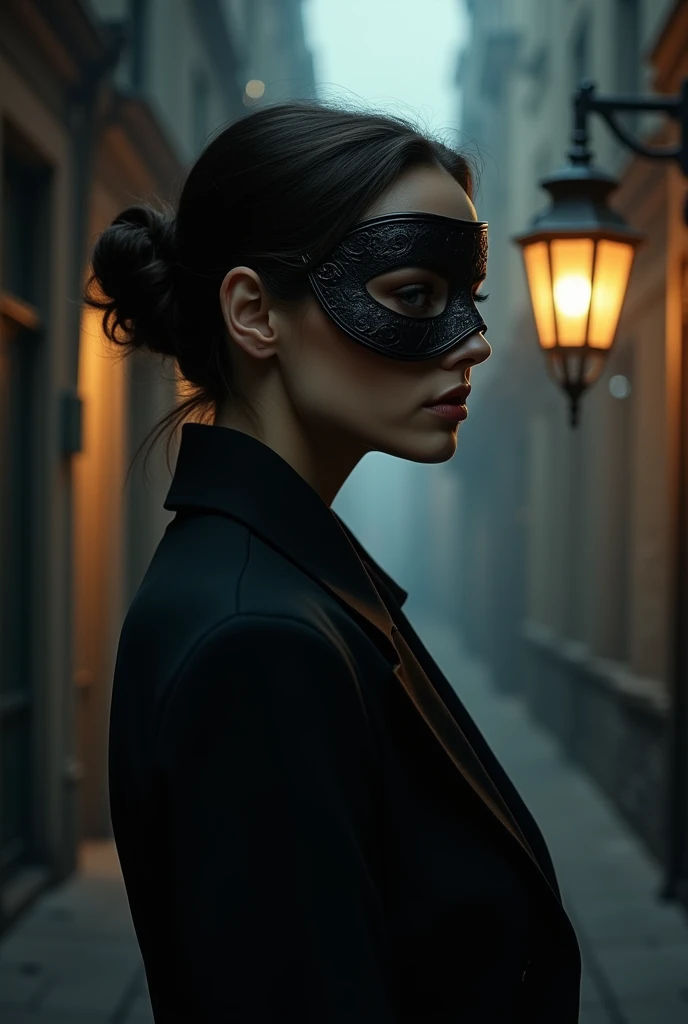 The cover shows a woman in profile, partially hidden by shadows, with a stylish mask that covers only the upper part of his face. The light from an old lantern slightly illuminates his face, revealing details of the mask. The background could be a dark alley in a city, with tall buildings and dim lights, suggesting a nocturnal and mysterious atmosphere.