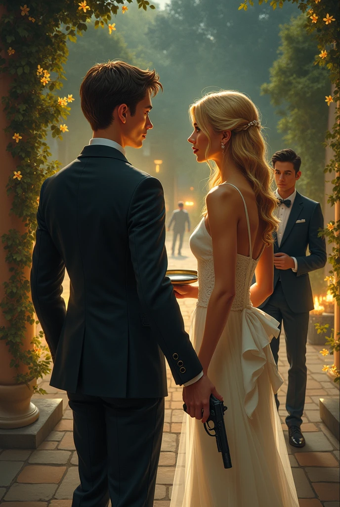 suspense book cover , A young waiter standing sideways with a tray in front of him and a gun behind him at a big wedding with a blonde-haired girl dressed in front of him placing the gun well. A young boy coming out into a lighted garden eliminates the boy behind a black-haired boy., muscular and dark