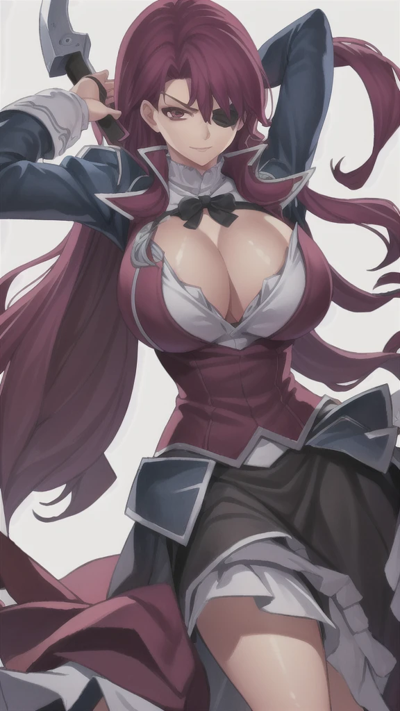 masterpiece,best quality,kim_kwang_hyun, 1girl, Lesley , extremely Long hair, crimson hair, eyepatch, chunky, solo, crimson colored  hair, large huge breasts, looking at viewer, magenta eyes, deep crimson colored hair, big boson, large huge breasts, long sleeves, dress, cleavage, closed mouth, weapon (( hand edge)), puffy sleeves, arm up, clothing cutout, copyright name, red dress, cleavage cutout, juliet sleeves , power armor, shoulder armor, deep crimson colored hair, magenta eyes, eyepatch, angry eyes, evil Smile 