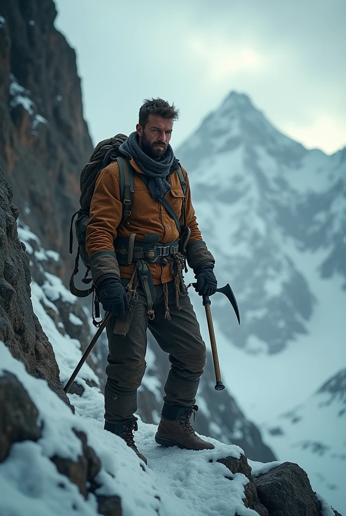 A man climbing the Mount Everest, epic cinematic scene, looking up, determination and strong will, determined climber overcoming the mountain, retro style, 1920s, vintage, top of the world's highest mountain, dramatic lighting, moody clouds, rugged terrain, snow-capped peaks, extreme weather conditions, challenging journey, rustic mountaineering equipment, adventurous spirit, man vs nature, triumph of the human spirit, virtuous, (best quality,4k,8k,highres,masterpiece:1.2),ultra-detailed,(realistic,photorealistic,photo-realistic:1.37),cinematic lighting,dramatic atmosphere,muted color palette,gritty texture,muscular man,intense expression,gripping the ice axe,climbing equipment,snowy mountain landscape,cloudy sky,rocky cliff face,dramatic lighting,moody atmosphere