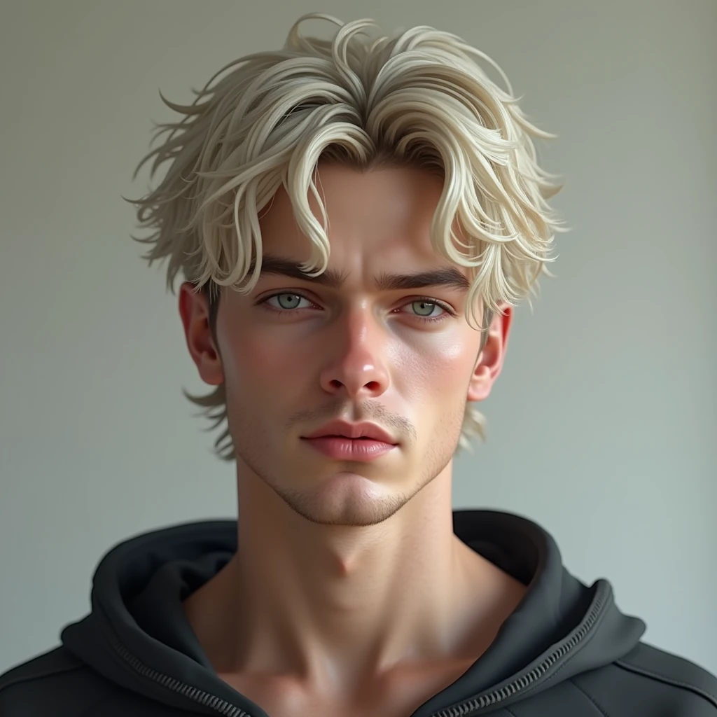 16k, extremely detailed skin, photograph head shot of an attractive 2 male, Germanic-Icelandic features, short textured wavy platinum blond hair, side swept bangs, pale skin tone, raised eyebrow expression