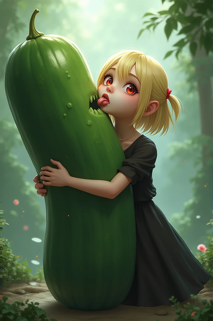 Flandre scarlet licking a very big and long cucumber