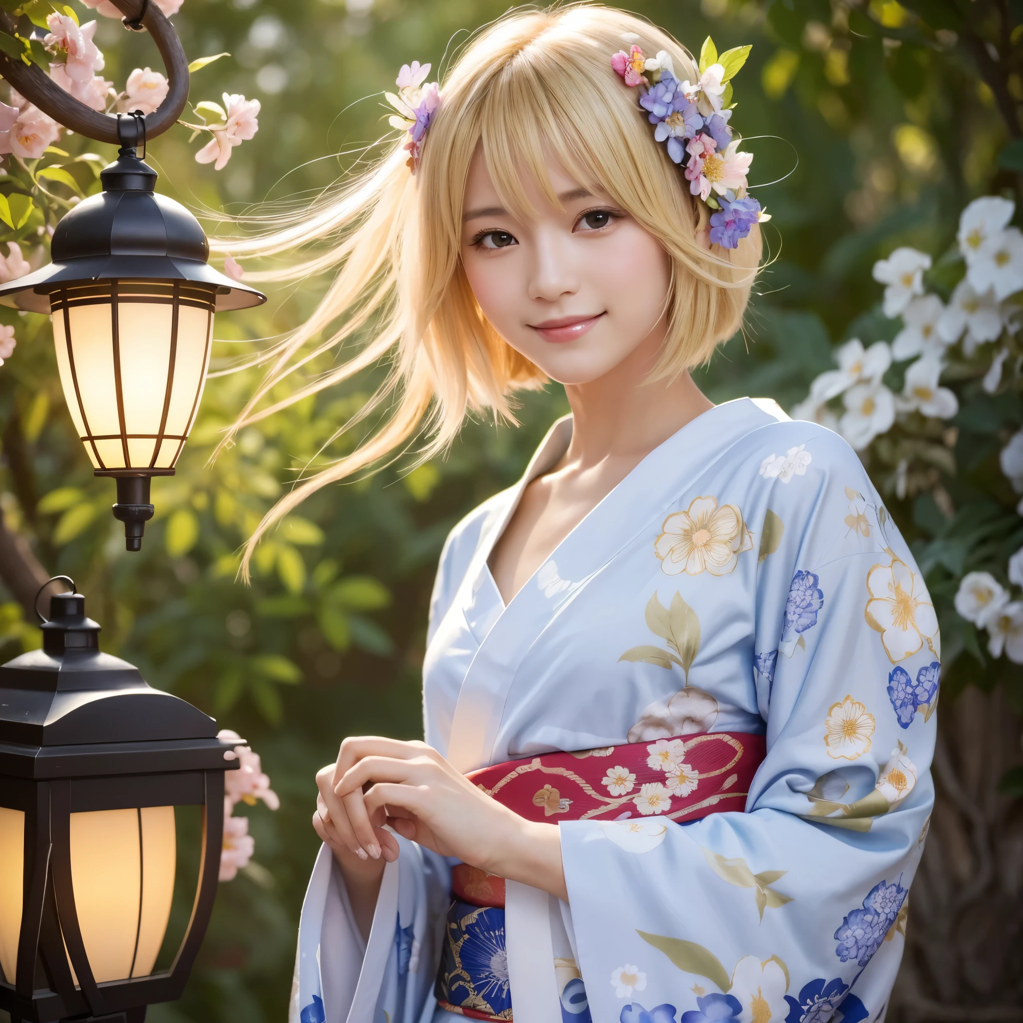 (1 Sexy Woman, Solo, Blonde Hair, Flower Hair Ornaments, White Floral Pattern Yukata, Smile:1.4), (Detailed Eyes, Beautiful Legs, Beautiful Eyes, glossy lip, cleavage, Smile:1.2), (Cowboy Shot:1.2), Close-up:1.3, (Summer, Japanese Fastival, lantern, Sunny, blurred background:1.3), ((anatomically correct)), (Futuristic Portrait), The beginning of a romantic love, 1 girl only, Japanese style, wearing a haori, mitsumayo, Short hair, (Most emphasize the body line:1.1), In the morning, Shining ultra high resolution beautiful skin, ultra high resolution glossy lips, Rim Lighting, Cinematic Light, Look at viewer, no futuro telhado de luz neon, SSCI - FI e Fantasia, intrincado e muito bonito e elegante, altamente detalhado, pintura digital, art-station, arte conceitual, smooth and sharp focus, illustration, Arte de Tan Zi e Ayanamikodon e Alphonse Mucha e Wlop
