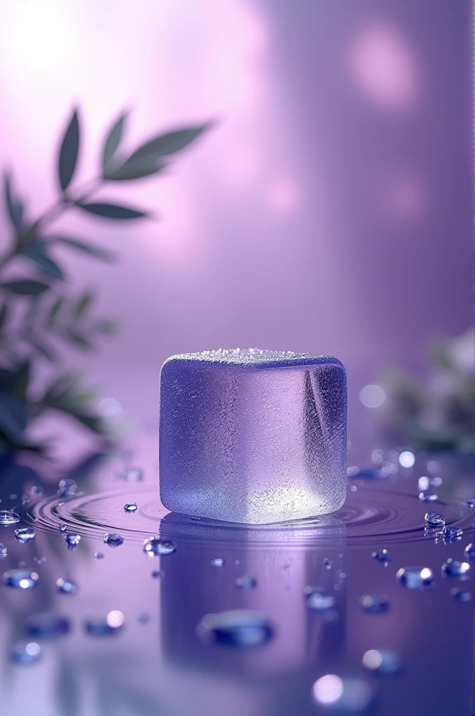 no_humans, purple_theme, leaf, blurry, ice_cube focus, ice, water_drop, still_life, water, depth_of_field, blurry_background
