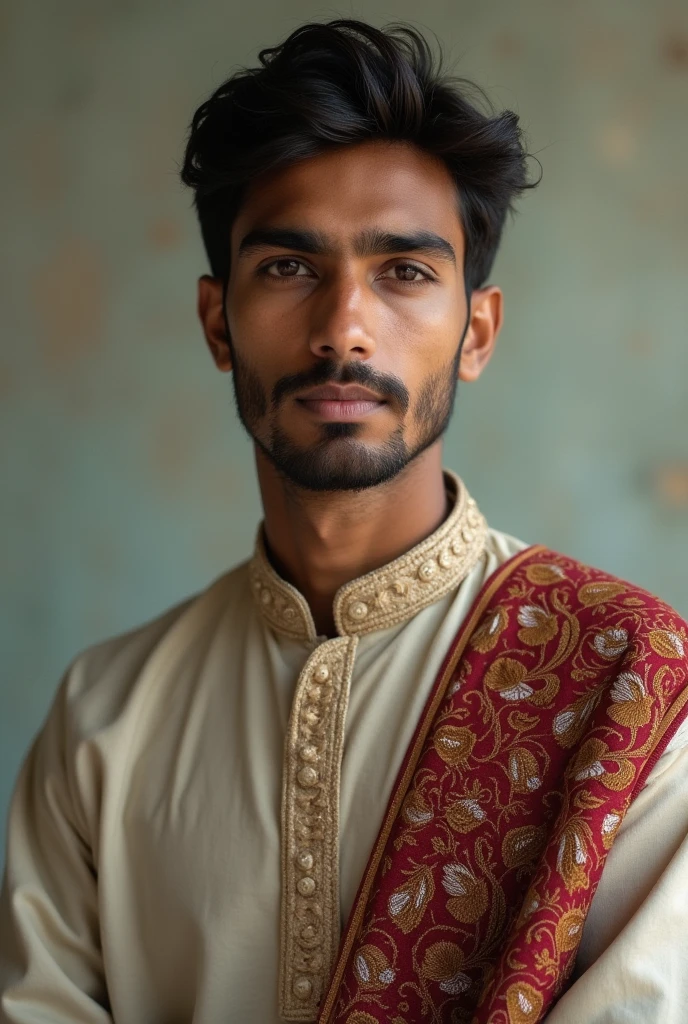 bangadeshi young boy with panjabi . he has black hair and short beard