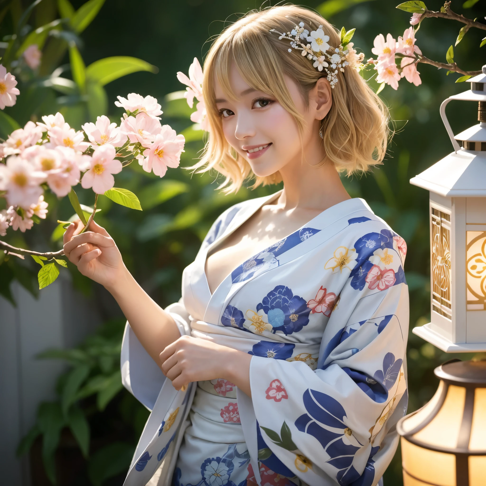 (1 Sexy Woman, Solo, Blonde Hair, Flower Hair Ornaments, White Floral Pattern Yukata, Smile:1.4), (Detailed Eyes, Beautiful Legs, Beautiful Eyes, glossy lip, cleavage, Smile:1.2), (Cowboy Shot:1.2), Close-up:1.3, (Summer, Japanese Fastival, lantern, Sunny, blurred background:1.3), ((anatomically correct)), (Futuristic Portrait), The beginning of a romantic love, 1 girl only, Japanese style, wearing a haori, mitsumayo, Short hair, (Most emphasize the body line:1.1), In the morning, Shining ultra high resolution beautiful skin, ultra high resolution glossy lips, Rim Lighting, Cinematic Light, Look at viewer, no futuro telhado de luz neon, SSCI - FI e Fantasia, intrincado e muito bonito e elegante, altamente detalhado, pintura digital, art-station, arte conceitual, smooth and sharp focus, illustration, Arte de Tan Zi e Ayanamikodon e Alphonse Mucha e Wlop