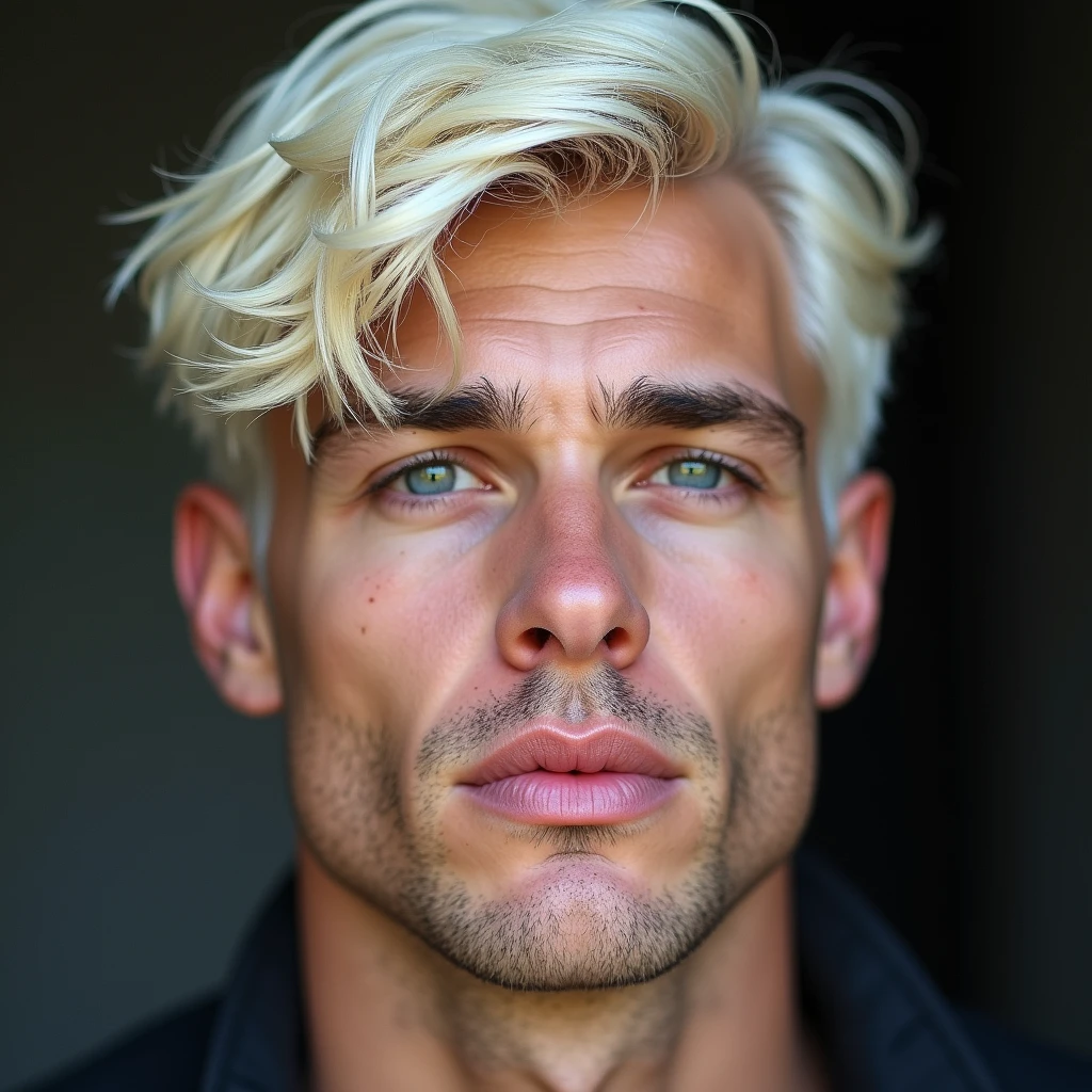 16k, extremely detailed skin, photograph head shot of an attractive 2 male, Germanic-Icelandic features, short textured wavy platinum blond hair, side swept bangs, pale skin tone, raised eyebrow expression