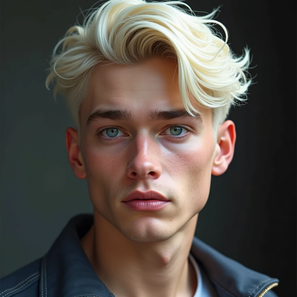 16k, extremely detailed skin, photograph head shot of an attractive 2 male, Germanic-Icelandic features, short textured wavy platinum blond hair, side swept bangs, pale skin tone, raised eyebrow expression