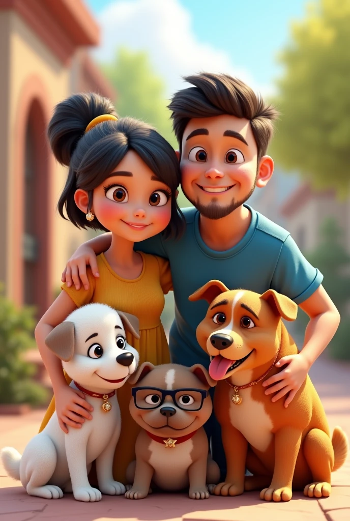 Create a 3d illustrated cartoon family, Pixar type of Disney, formed by his mother, 6 woman black hair, short to the shoulders, small nose, tender look brown eyes, with a chubby body. His son, 2, short brown hair, athletic, sportsman, with short beard, beautiful smile and tender brown look. His daughter is a woman, 3, Brown hair tied up in a bun and parted in the middle, pearl hoops, tender eyes and big glasses, small nose y una sonrisa tierna, chubby with body curves. This family has 3 dogs, a white poodle puppy with light brown ears. A happy white Jack Russell dog with brown spots and a patch over his right eye. And the last big fat pitbull dog, light cinnamon fur. More serious but with a good face. 