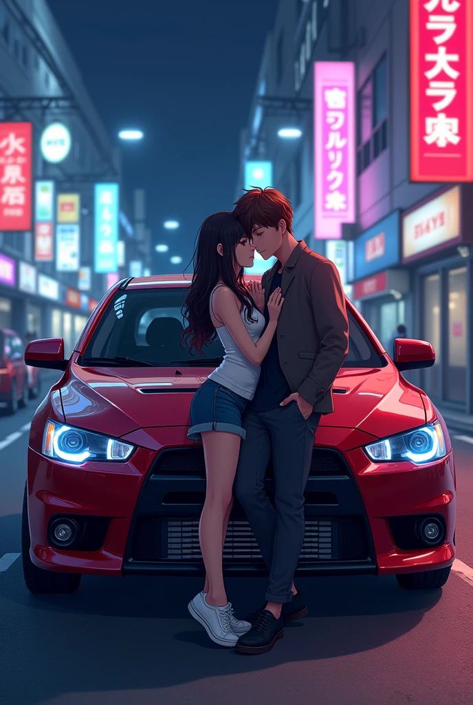 A couple (the women have black and long hair, and the man have brown and short hair) leaning on a Mitsubishi Lancer X, night, japon, neon, anime
