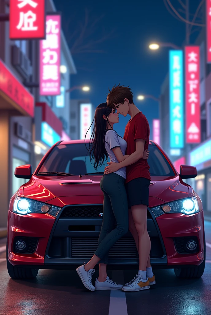 A couple (the women have black and long hair, and the man have brown and short hair) leaning on a Mitsubishi Lancer X, night, japon, neon, anime