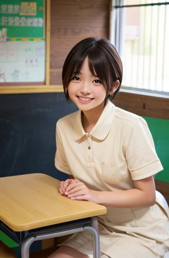 Beautiful girls 、short hair、smile、shy、cute、classroom、clear、20-year-old
