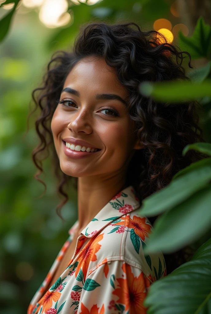 A Brazilian woman in a lush tropical garden, wearing an open shirt with a floral print, with a close-up capturing the harmonious beauty between her and the natural flowers, showing off your natural charm and outgoing personality.