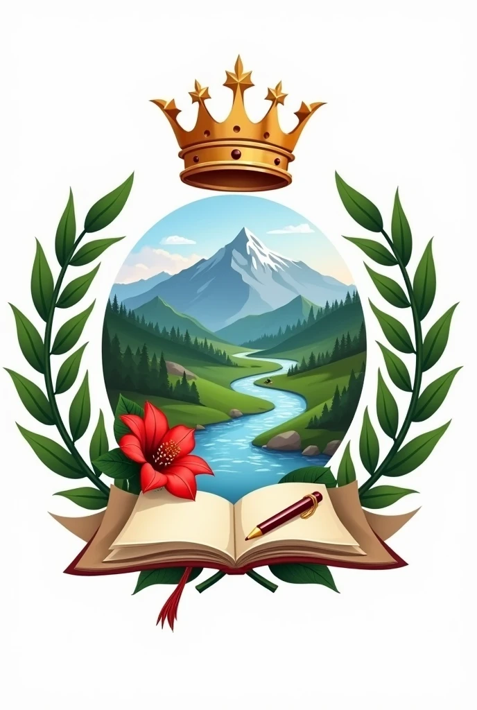 Create a school logo that has a crown on top and laurel leaves on the sides and in the middle a scroll with mountains and a river, a red flower and a notebook on one side