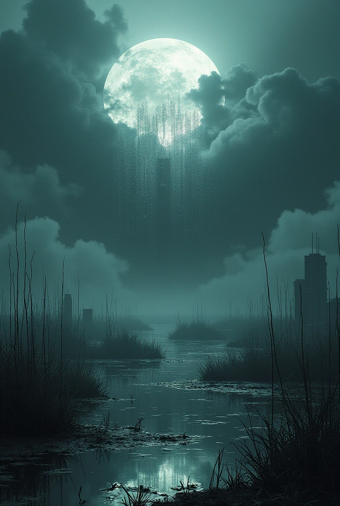 Unbeatable masterpiece, Ultra photo realsisim, Perfect artwork, details Intricate, best qualityer, Light forte, hight contrast, cyber punk, Quantum punk, Nanopunk, (Machinery:1.4)(work of art) , (best qualityer) , (extremely detailed CG Unity 8k wallpaper), (best character detail:1.36), swamps, Oppressive skies, white clouds , (delicate lines:1.24), ([Specular reflection water]:1.37) , (fancy) , cumulonimbus clouds , (The oppressive atmosphere of the host:1.14) , (Light f