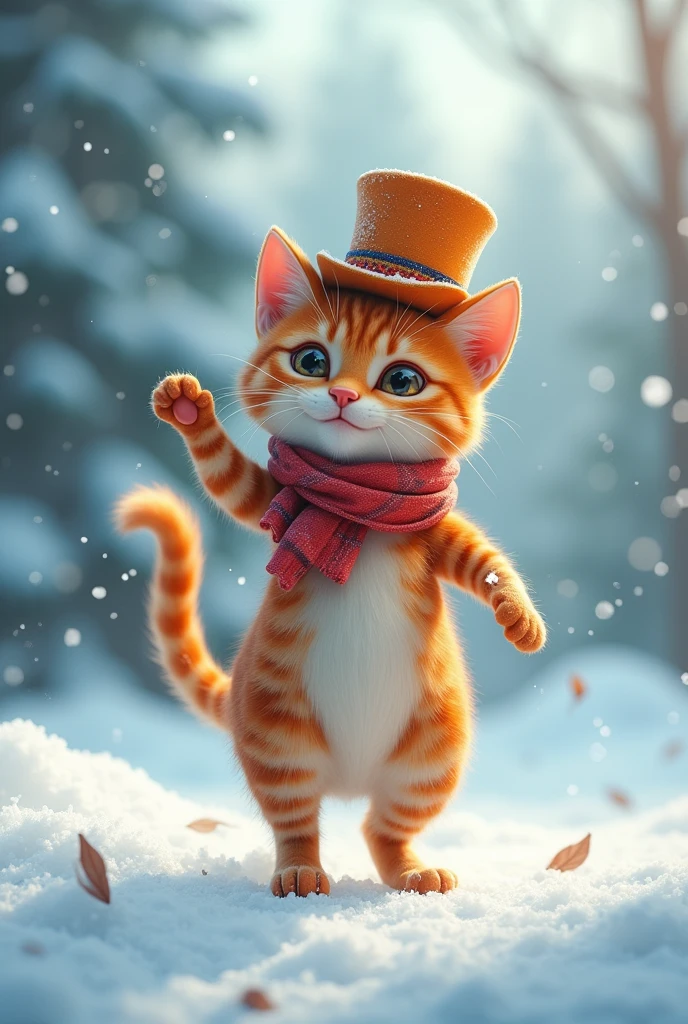 Dancing cat wearing a hat in the snow 